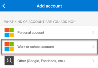 Microsoft Authenticator App - work or school account highlighted