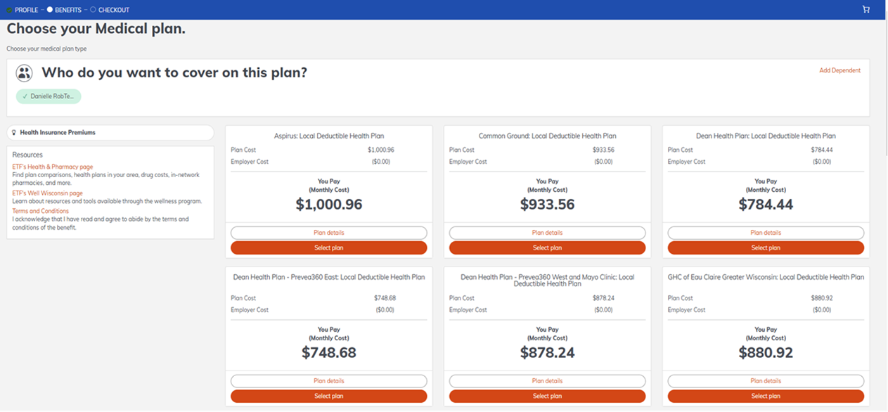 Health Selection Page in My Insurance Benefits showing total premium rates