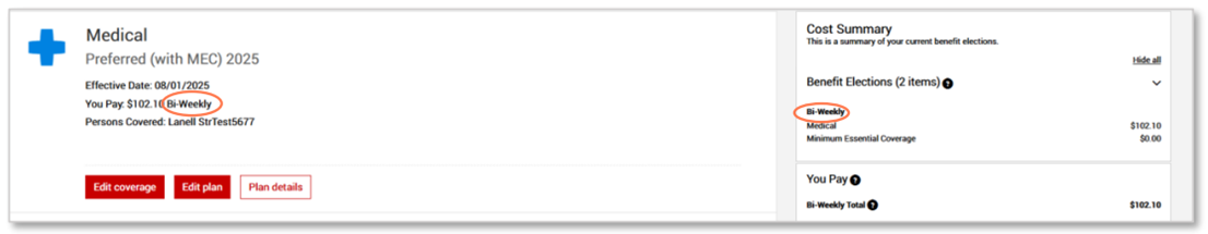 Screenshot from My Insurance Benefits highlighting pay frequnecy in cost summary