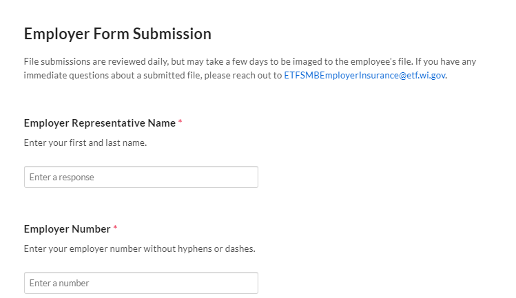 Screenshot of employer form submission window