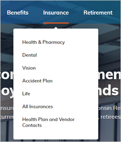 Insurance Menu showing Health & Pharmacy, Dental, Vision, Accident Plan, Life, All Insurances, Health Plan and Vendor Contacts