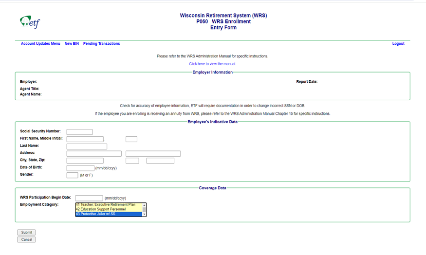WRS P060 WRS Enrollment Entry Form screen shot