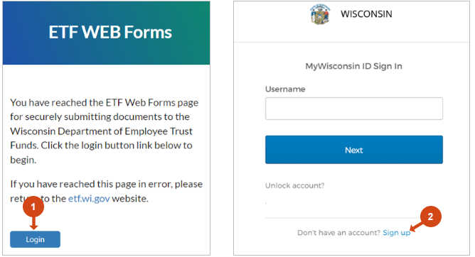 Screenshot of selecting Login on the ETF web forms page followed by the registration link on the MyWisconsin ID login page