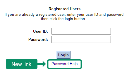 myETF Benefits System login page with callout showing new Password Help link