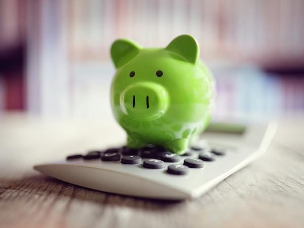 Piggy bank sitting on calculator