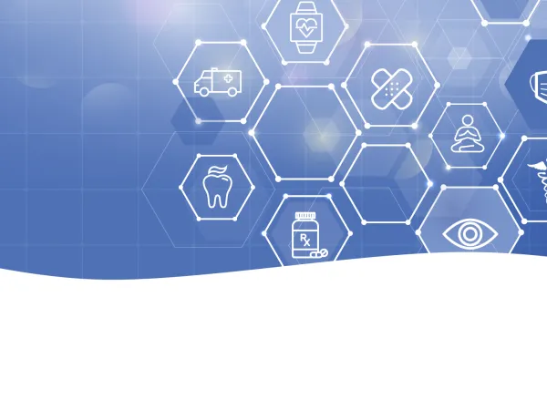Health icons and hexagons on a blue background.