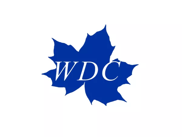The WDC logo:  the letters WDC in white text centered on a blue maple leaf.