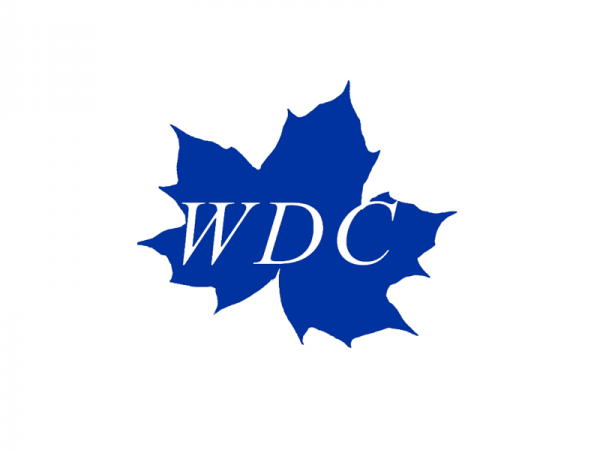 The WDC logo:  the letters WDC in white text centered on a blue maple leaf.