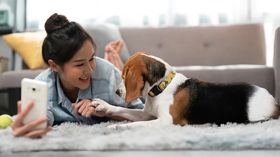 Young lady takes a selfie with a dog.