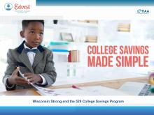 Title slide of College Savings Made Simple with a young boy dressed in a suit and working.