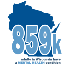 Graphic image of Wisconsin map with texts, "859K adults in Wisconsin have a MENTAL HEALTH condition"