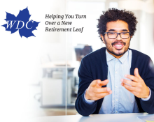 Black man in glasses gesturing. Background graphics include the WDC logo and tagline "Helping You Turn Over a New Retirement Leaf"